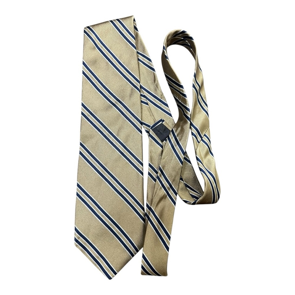 Brooks Brothers 346 100% Pure Silk Tie Gold And Navy Blue Striped